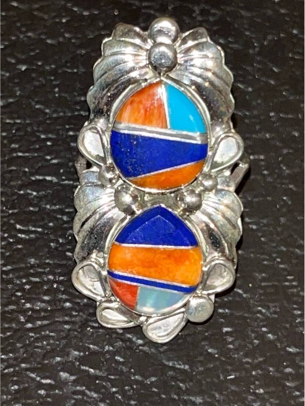Navajo inlay cluster spiny oyster lapis turquoise sterling silver inlay ring